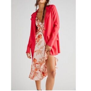 Free People Sarah Pink Rose Sweater Longline Blazer Cardigan Ribbed Knit LARGE